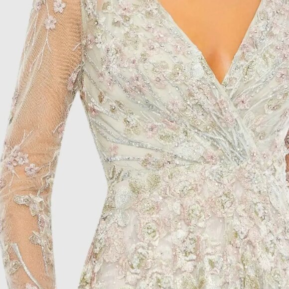Mac Duggal 20402 Size 12 Floral Embroidered Gray Pink Long Sleeve Gown Dress - Picture 4 of 5